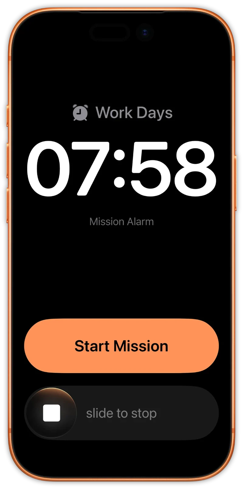 Mission Alarm ringing on the Lock Screen, with Start Mission and slide to stop