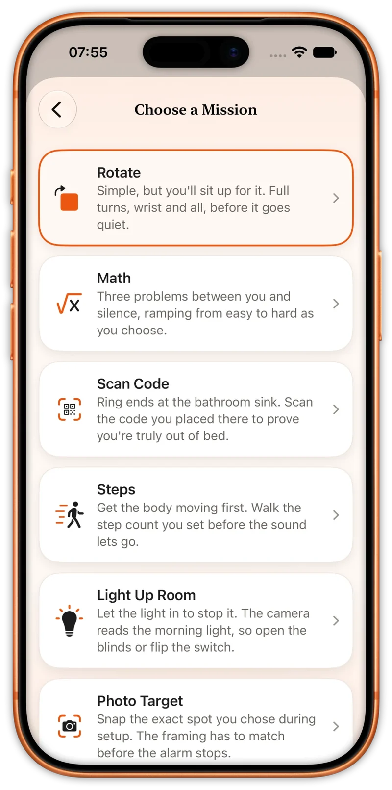 Choose a Mission: Rotate, Math, Scan Code, Steps, Light Up Room and Photo Target