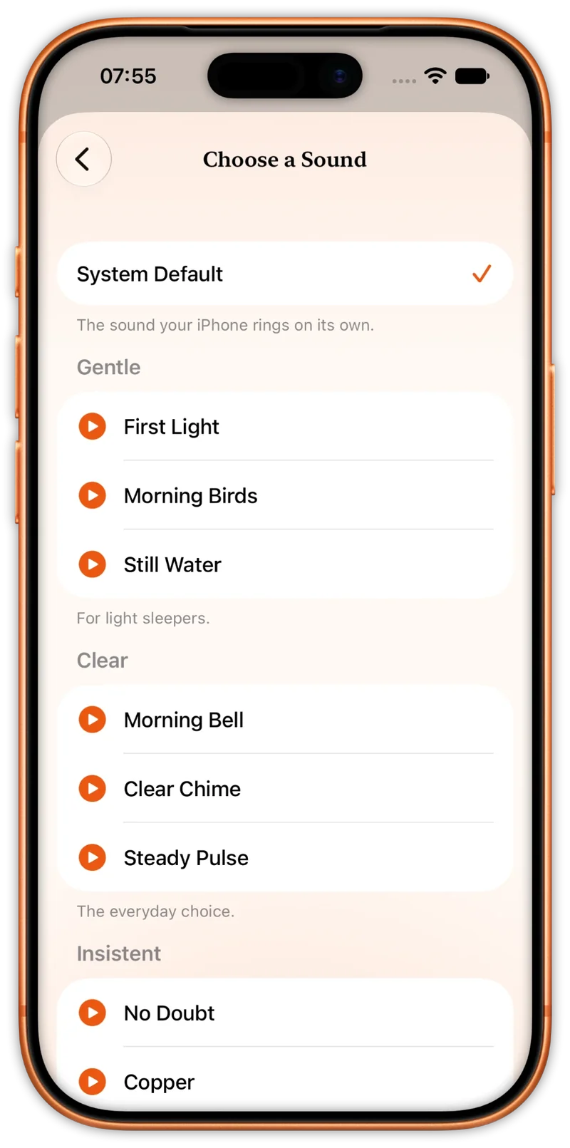 Choose a Sound: gentle, clear and insistent wake sounds