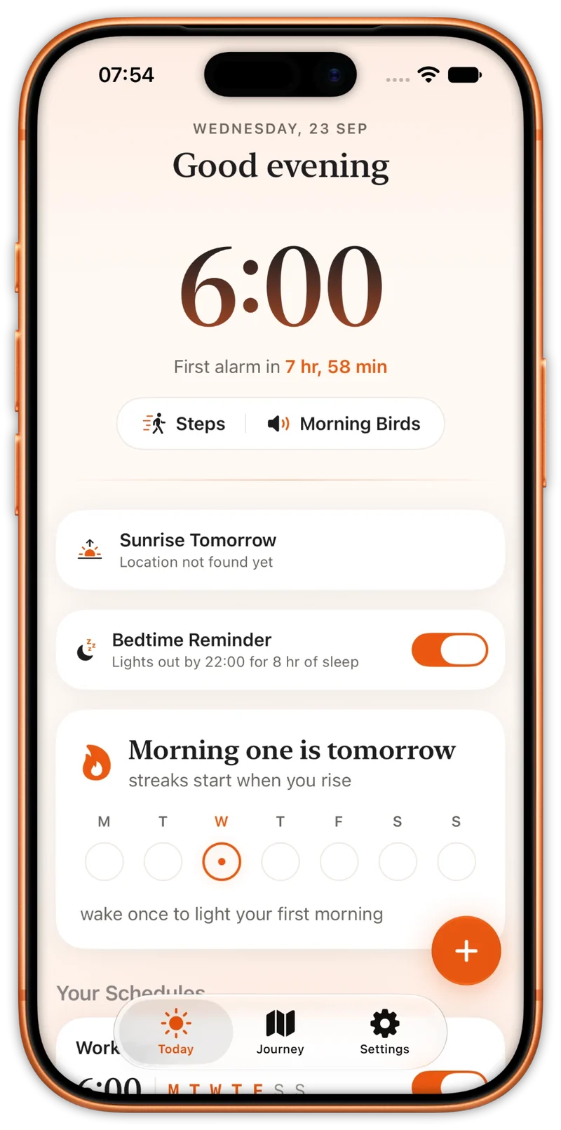 Today: the next alarm with its mission and sound, the bedtime reminder and the week&rsquo;s streak